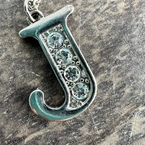 J Initial Rhinestone Studded Adjustable Pendant Necklace on Silver Tone Chain - Picture 3 of 5